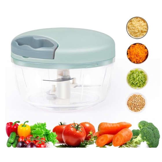 Manual Food Chopper, Garlic Chopper with Container, Vegetable Kitchen Cutter, Pull String Hand Food Processor Sharp Blades Mincer Shredder for Cutting Onions Chili Ginger Seasoning (Green, 500ml)