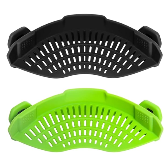Clip‑On Pot Strainer Silicone Black + Green Dishwasher‑Safe Side‑Mount Design 9.4×4.6×2.5 Inches | Snap Drain Colander for Pans Bowls Skillets | Heat‑Resistant Kitchen Gadget Splash‑Guard