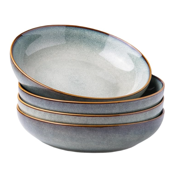8.5'' Large Ceramic Pasta Bowls, 36oz Stoneware Pasta Serving Bowls Set of 4 for Kitchen, Wide Bowls for Pasta,Salad,Oatmeal, Microwave Safe, Reactive Glaze-Ocean