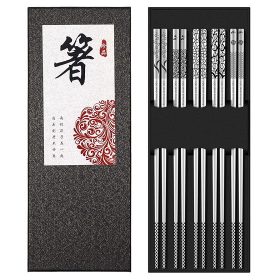 Metal Chopsticks Reusable 18/8 Stainless Steel Chopsticks Multipack Dishwasher Safe Chop Sticks Cute Laser Engraved Non-slip Japanese Korean Chopstick for Cooking Eating 9 1/4 Inches 5 Pairs Gift Set