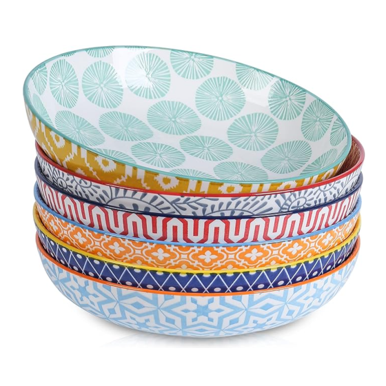 Porcelain 26 Ounce Pasta Bowls Set of 6, 8 inch Wide and Shallow Salad Bowls, Serving Bowls, Microwave & Dishwasher Safe, Sturdy & Stackable, Variety of Colors